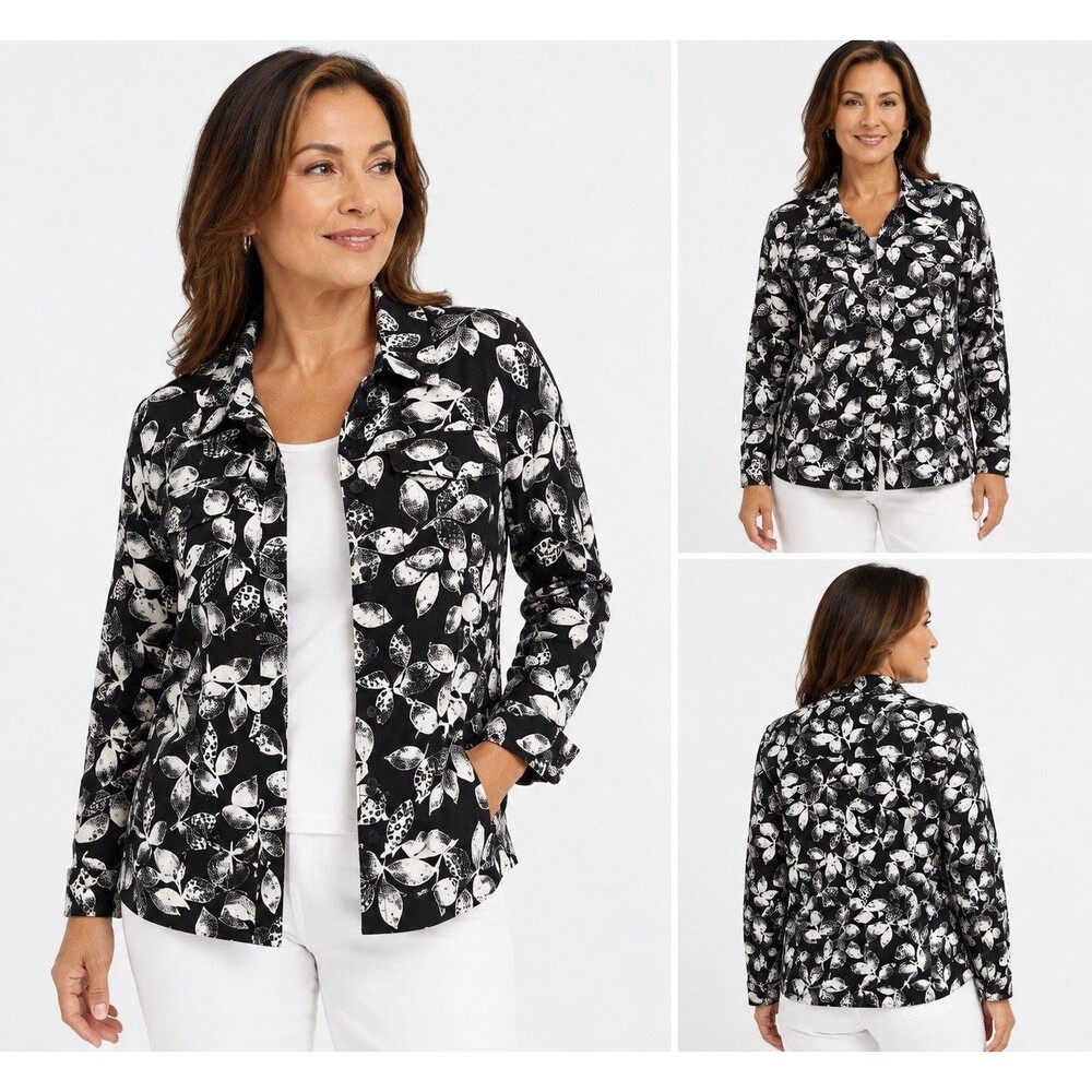 Croft & Barrow Linen Blend Leaf Print Jacket Shirt Black White Small